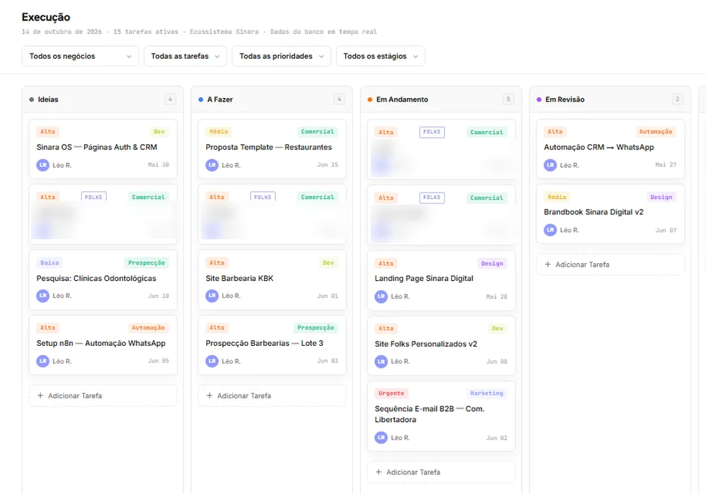 Tarefas da equipe em Kanban no Sinara OS